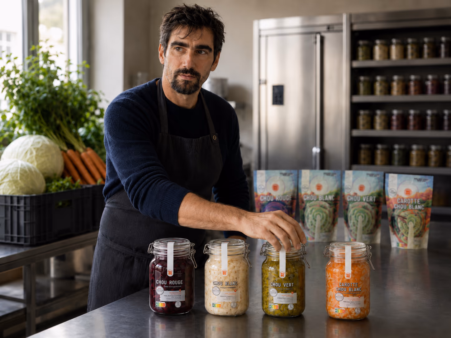 Nicolas Caduff, fondateur de la Fermenterie BIONIC, dans son atelier en Suisse, entouré de bocaux et de pochons de légumes lactofermentés.